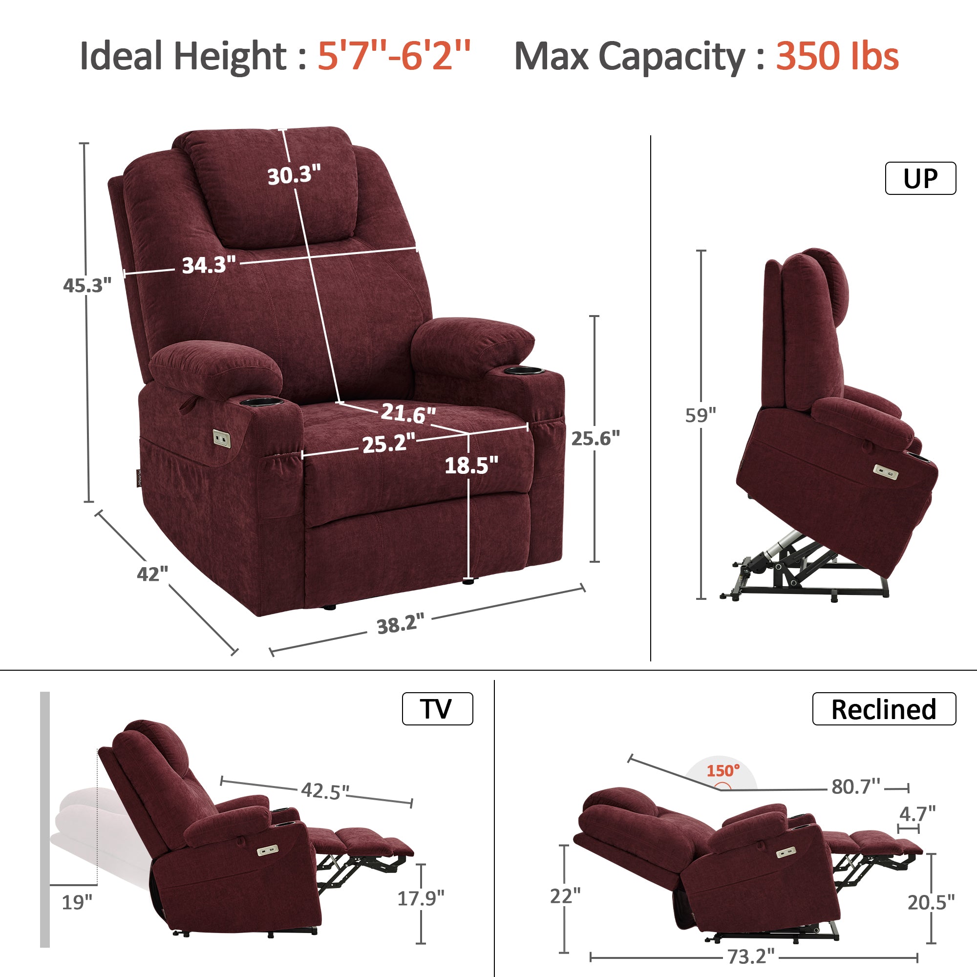 Power Lift Recliner Chair for Elderly, Massage and Heat, Fabric 7040|7516|7141|R7042|R7045|R7510