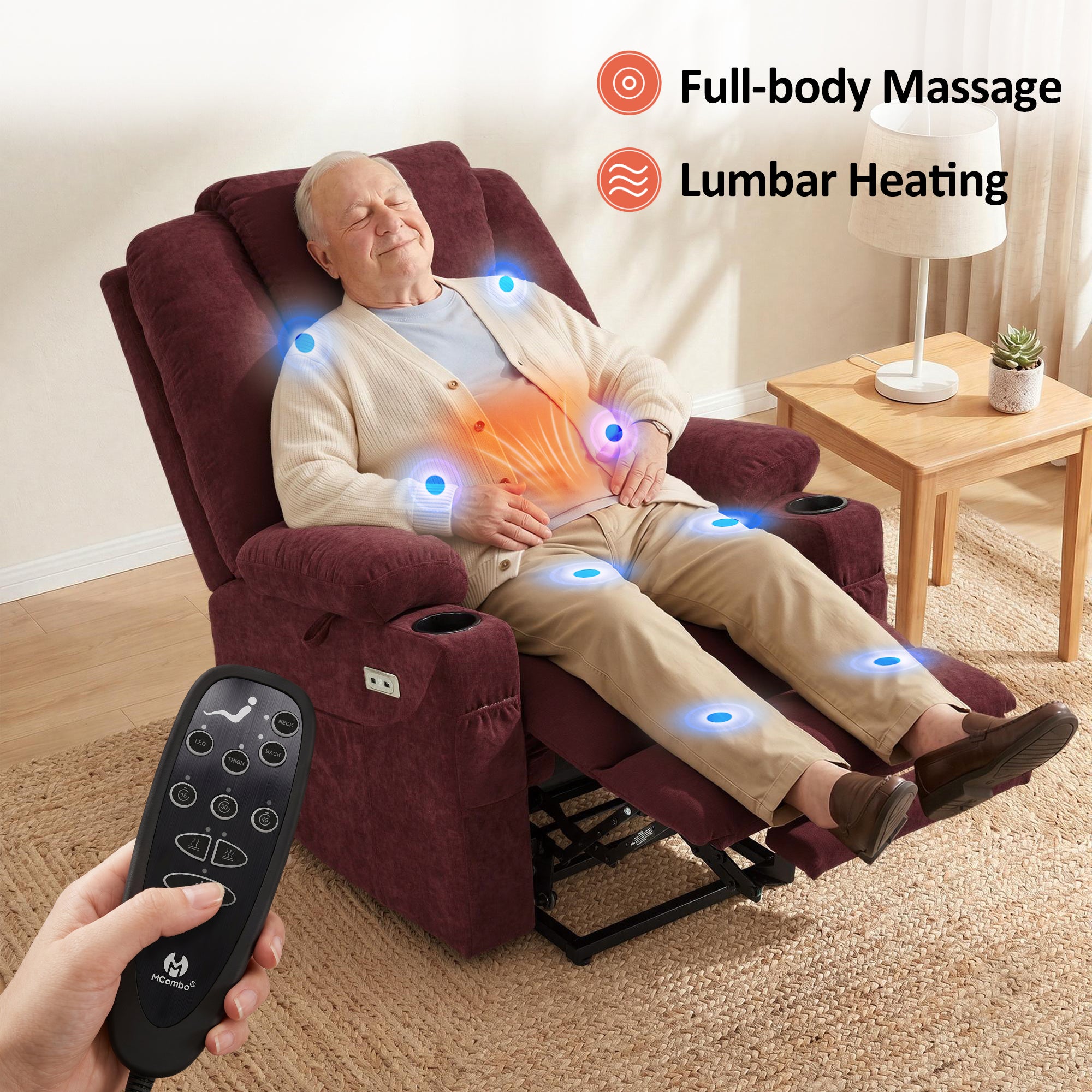 Power Lift Recliner Chair for Elderly, Massage and Heat, Fabric 7040|7516|7141|R7042|R7045|R7510
