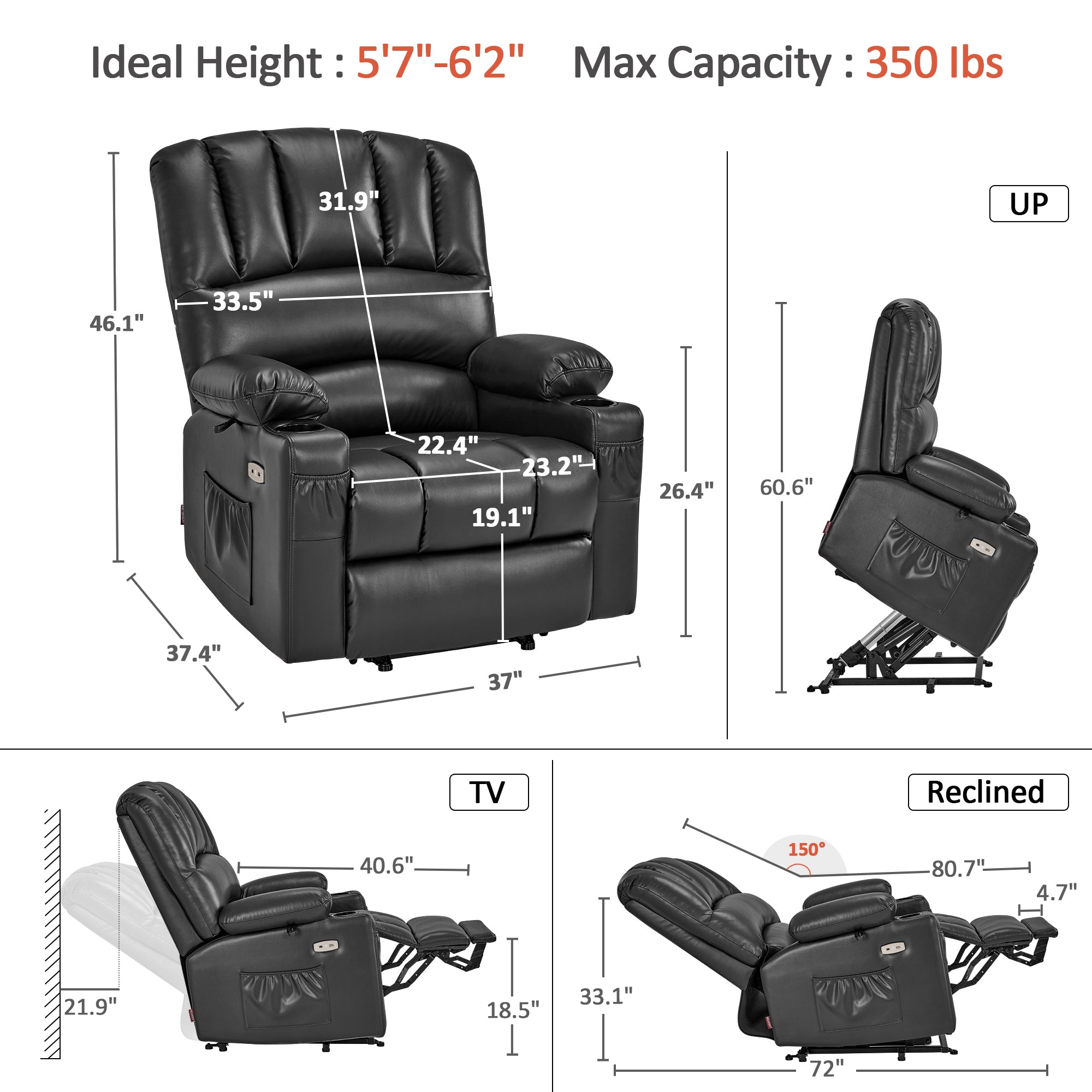 Power Lift Recliner Chair, Massage and Heat, Faux Leather 7095|7099|R7092|R7096