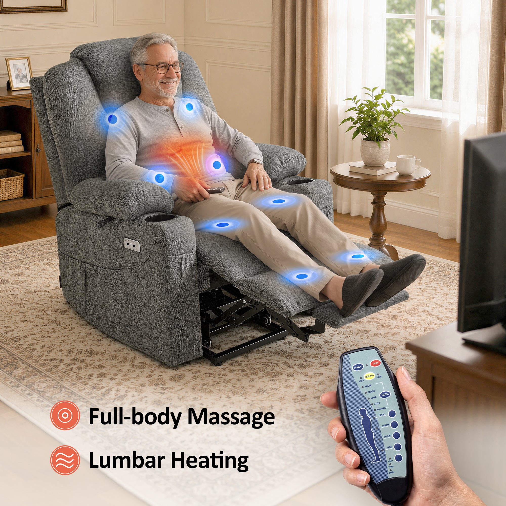 Power Lift Recliner Chair for Elderly, Massage and Heat, Fabric 7040|7516|7141|R7042|R7045|R7510