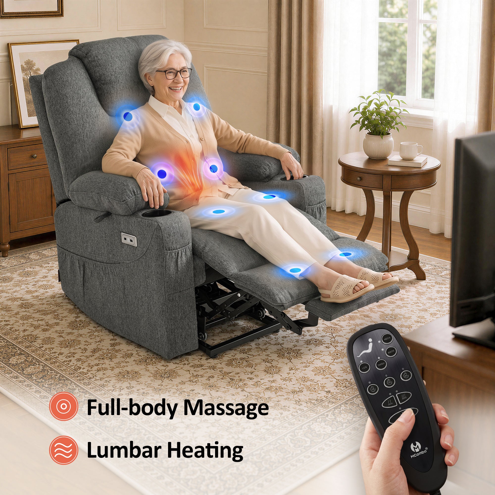 Power Lift Recliner Chair for Elderly, Massage and Heat, Fabric 7040|7516|7141|R7042|R7045|R7510