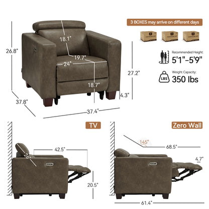 Zero Wall Hugger Power Recliner Chair for Adult HL128 | Power Headrest, USB A & C Charge Ports, Small Spaces, Solid Wood Legs, Breathable Faux Leather