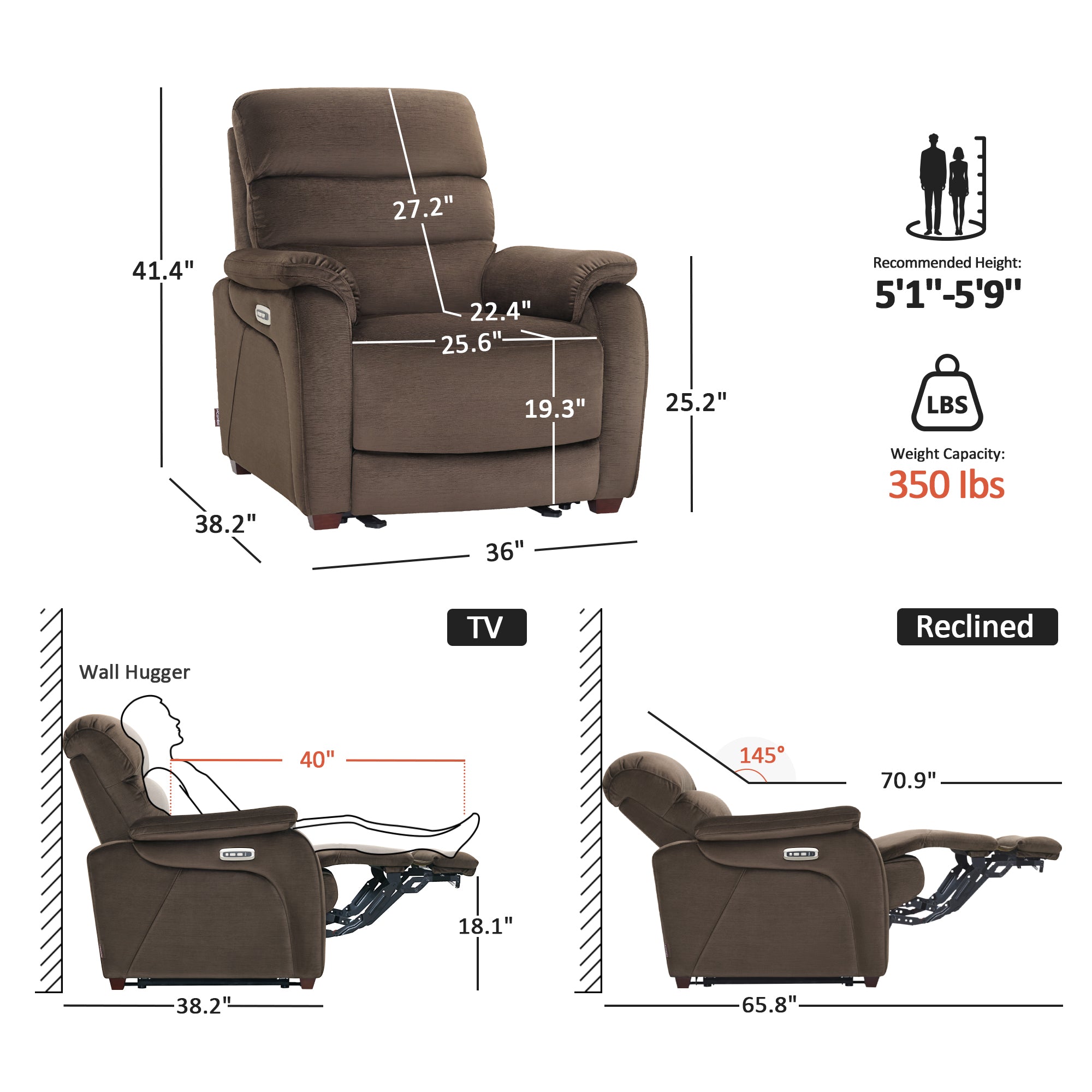 Zero Wall-Hugger Power Recliner Chair, Small Spaces and RV, Fabric ST257