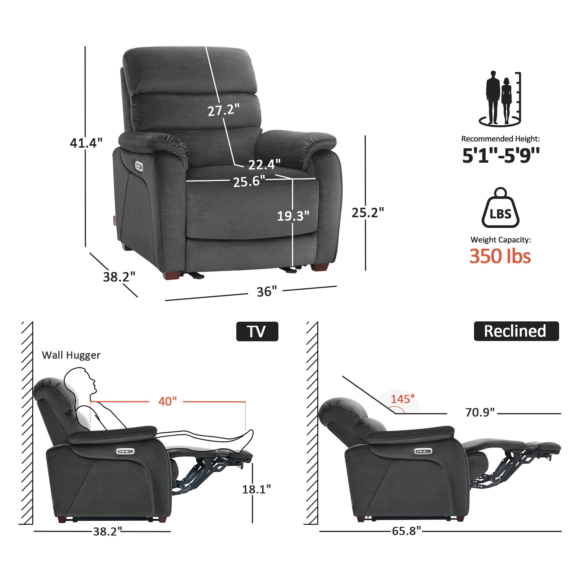 Zero Wall-Hugger Power Recliner Chair, Small Spaces and RV, Fabric ST257