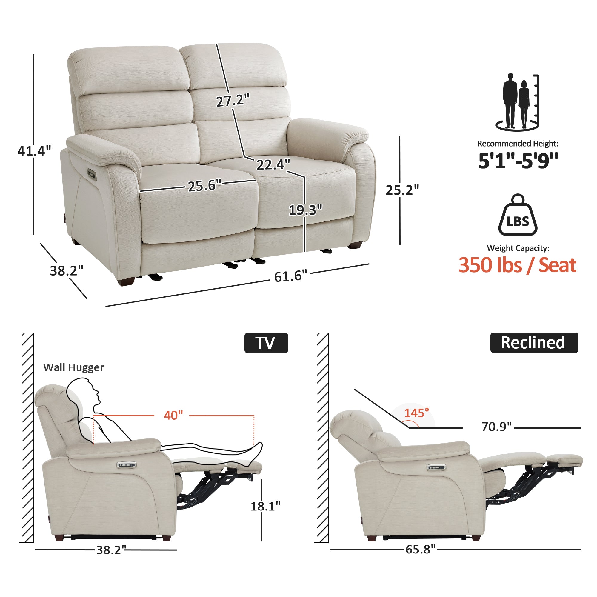 61.6'' Wall Hugger Power Loveseat Recliner Sofa with Adjustable Headrest and USB A & C Charge Ports for Living Room, RVs, Small Spaces, Fabric, ST258M1 | ST258M2 |ST258M3