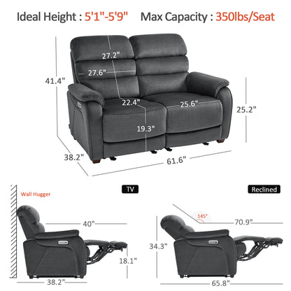 61.6'' Wall Hugger Power Loveseat Recliner Sofa with Adjustable Headrest and USB A & C Charge Ports for Living Room, RVs, Small Spaces, Fabric, ST258M1 | ST258M2 |ST258M3