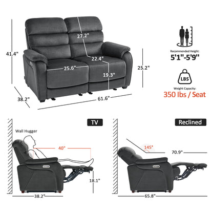 61.6'' Wall Hugger Power Loveseat Recliner Sofa with Adjustable Headrest and USB A & C Charge Ports for Living Room, RVs, Small Spaces, Fabric, ST258M1 | ST258M2 |ST258M3