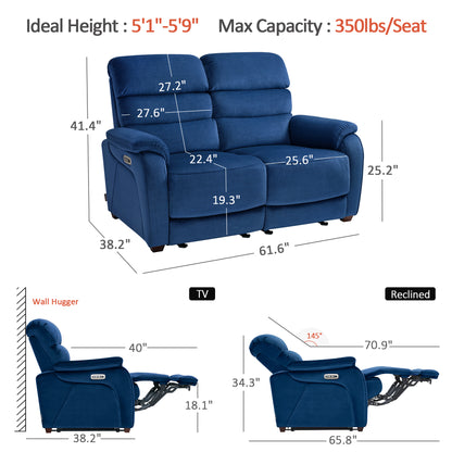 61.6'' Wall Hugger Power Loveseat Recliner Sofa with Adjustable Headrest and USB A & C Charge Ports for Living Room, RVs, Small Spaces, Fabric, ST258M1 | ST258M2 |ST258M3