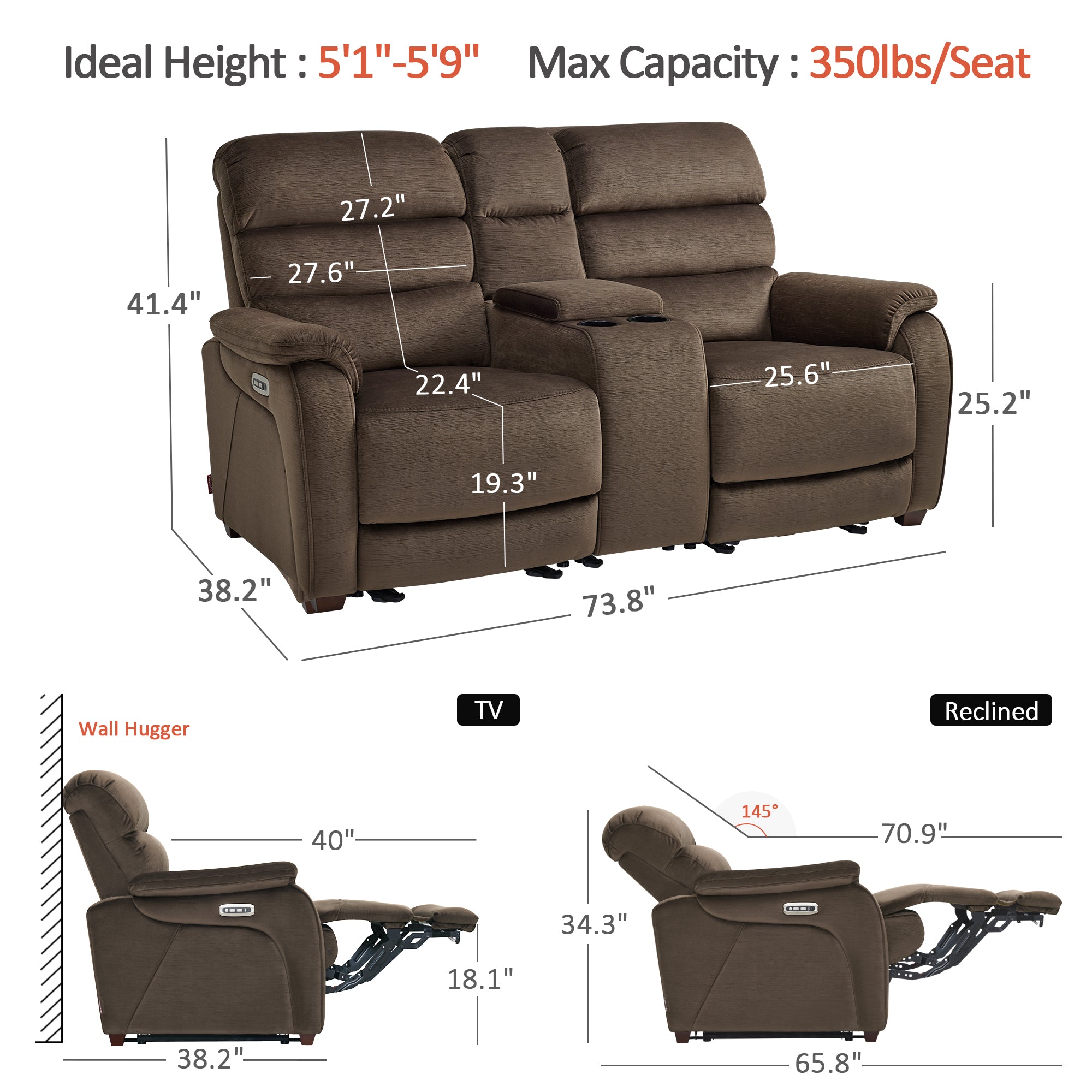 61.6'' Wall Hugger Power Loveseat Recliner Sofa with Adjustable Headrest and USB A & C Charge Ports for Living Room, RVs, Small Spaces, Fabric, ST258M1 | ST258M2 |ST258M3