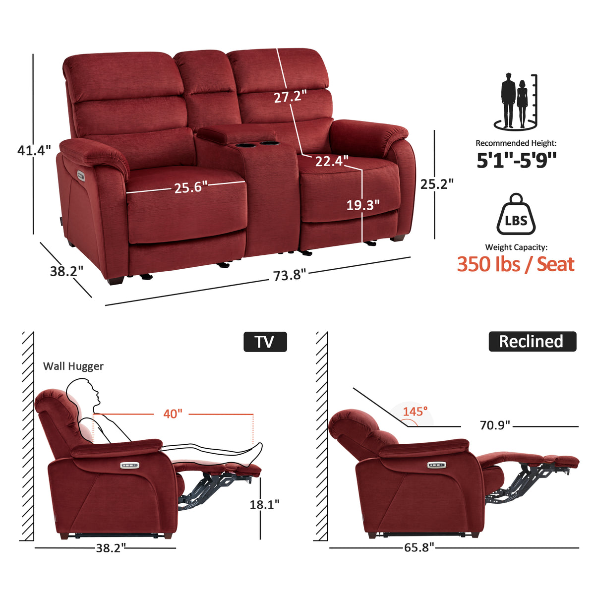 61.6" Power Wall Hugger Loveseat with Adjustable Headrest, Fabric ST258M1 | ST258M2 |ST258M3