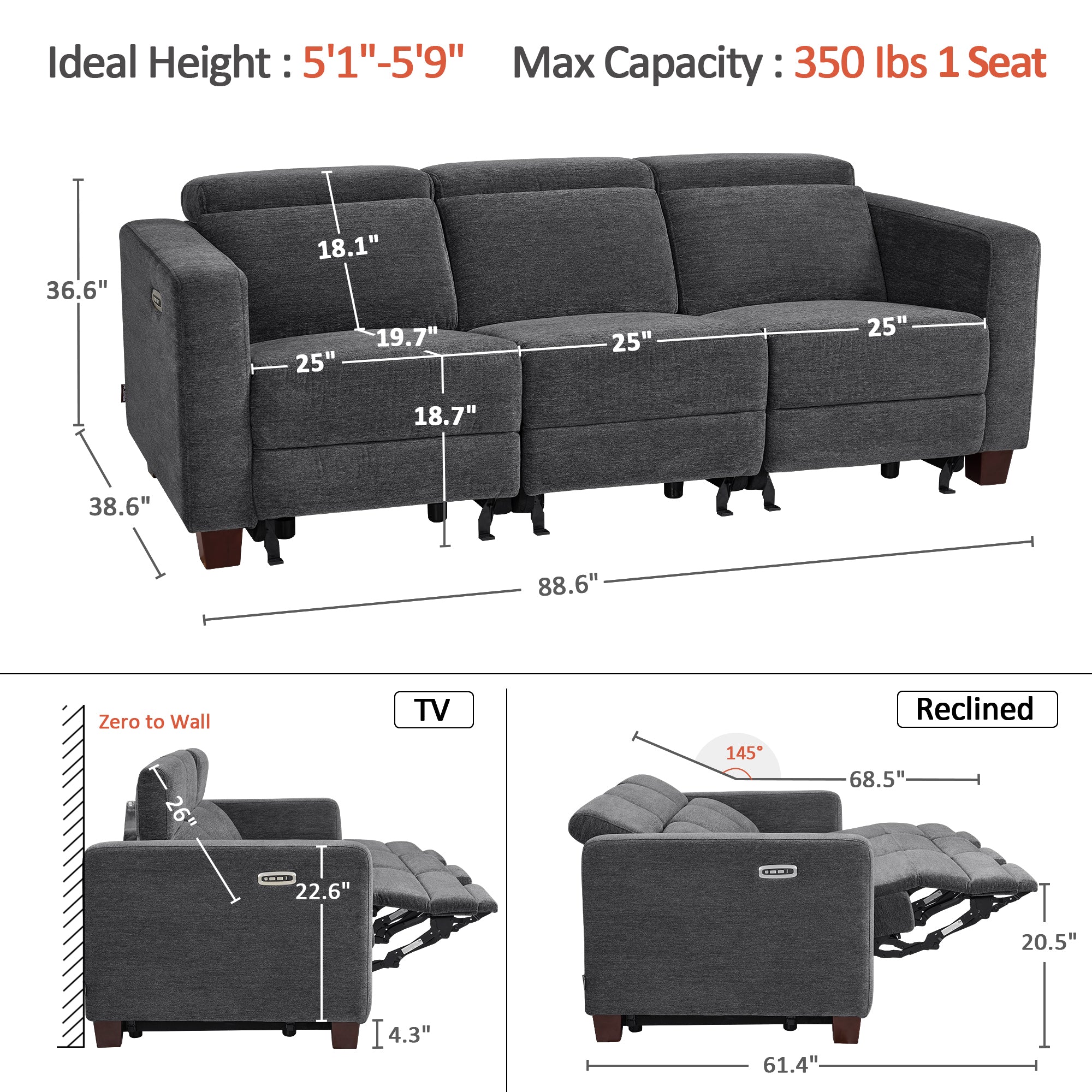 Zero Wall Power Reclining Sofa, Fabric HL198M3