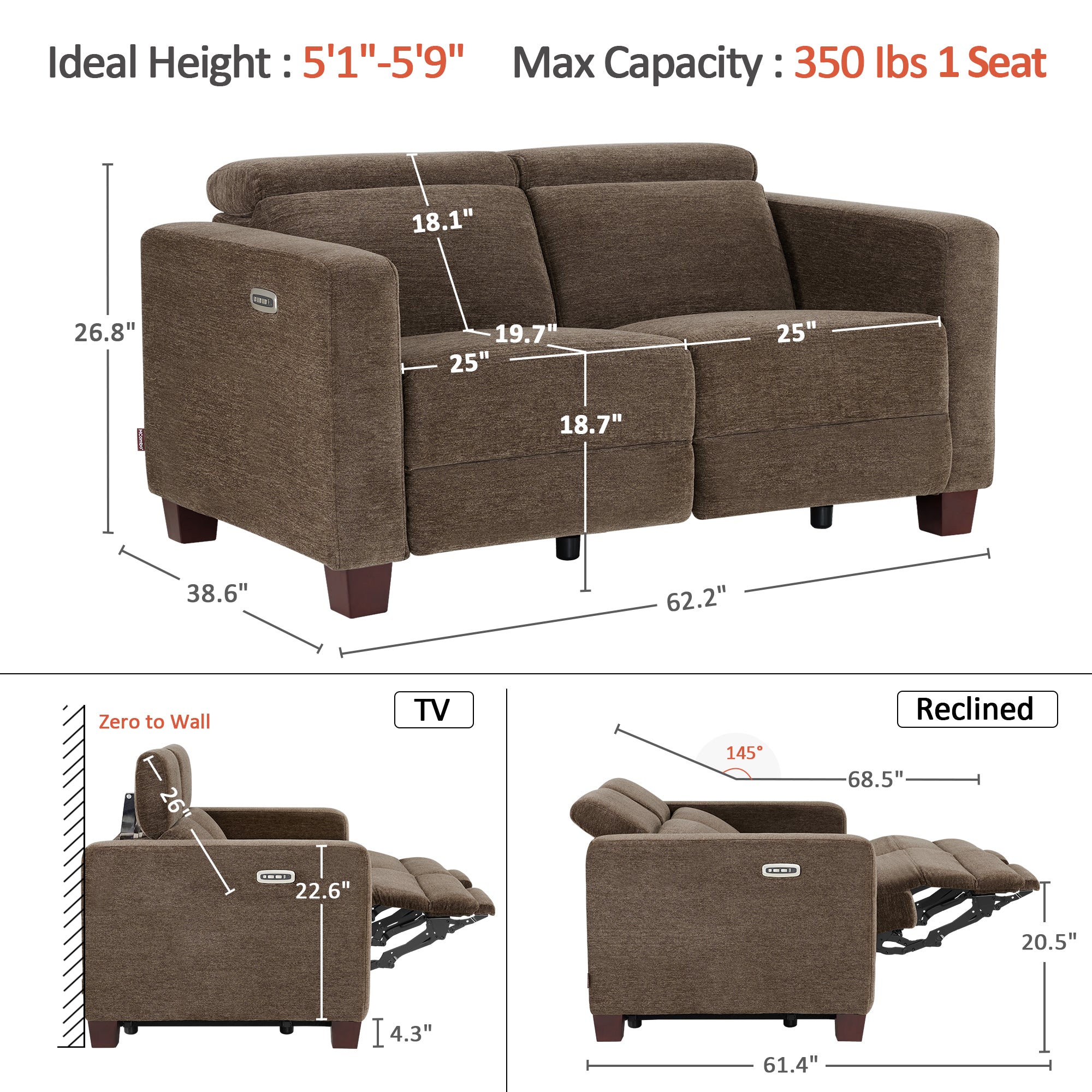 Zero Wall Power Reclining Sofa, Fabric HL198M2|HL198M3