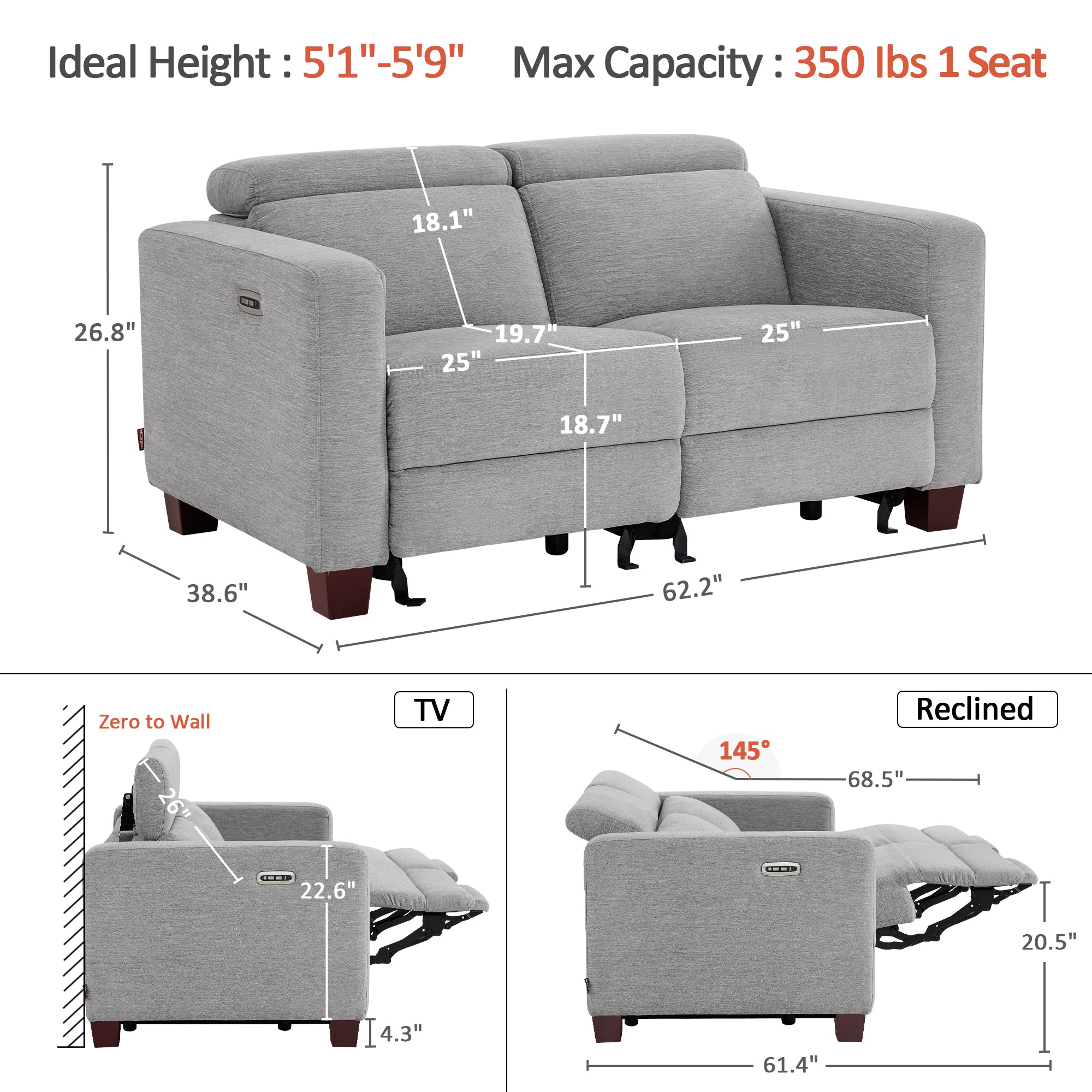 Zero Wall Power Reclining Sofa, Fabric HL198M2|HL198M3