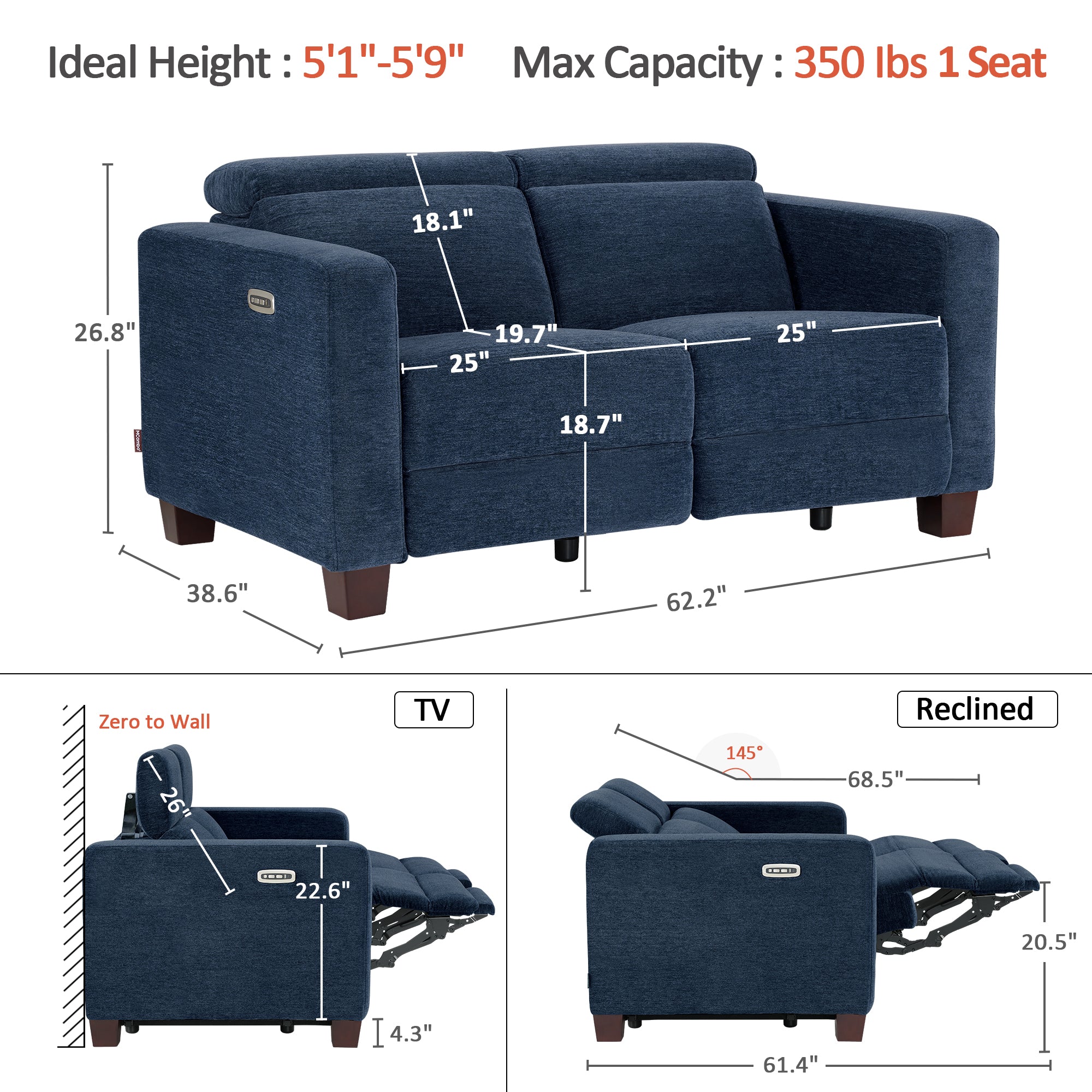 Zero Wall Power Reclining Sofa, Fabric HL198M2|HL198M3