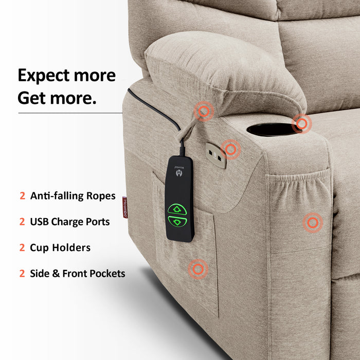 MCombo Power Lift Recliner Chair Sofa for Elderly, 3 Positions, 2 Side Pockets and Cup Holders, USB Ports, Fabric 7286