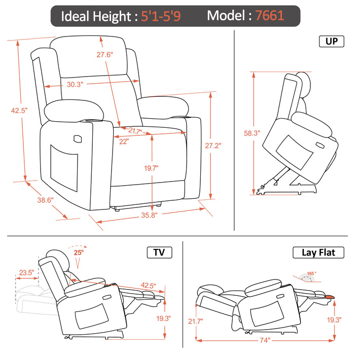 MCombo Medium Lay Flat Dual Motor Power Lift Recliner Chair Sofa with Heat and Massage, Adjustable Headrest for Elderly People, Infinite Position, Fabric 7661