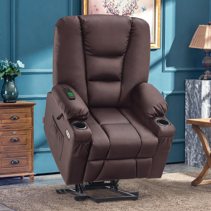 MCombo Power Lift Recliner Chair with Massage and Heat for Elderly, Extended Footrest, 3 Positions, Cup Holders, USB Ports, Faux Leather Medium(#7519)