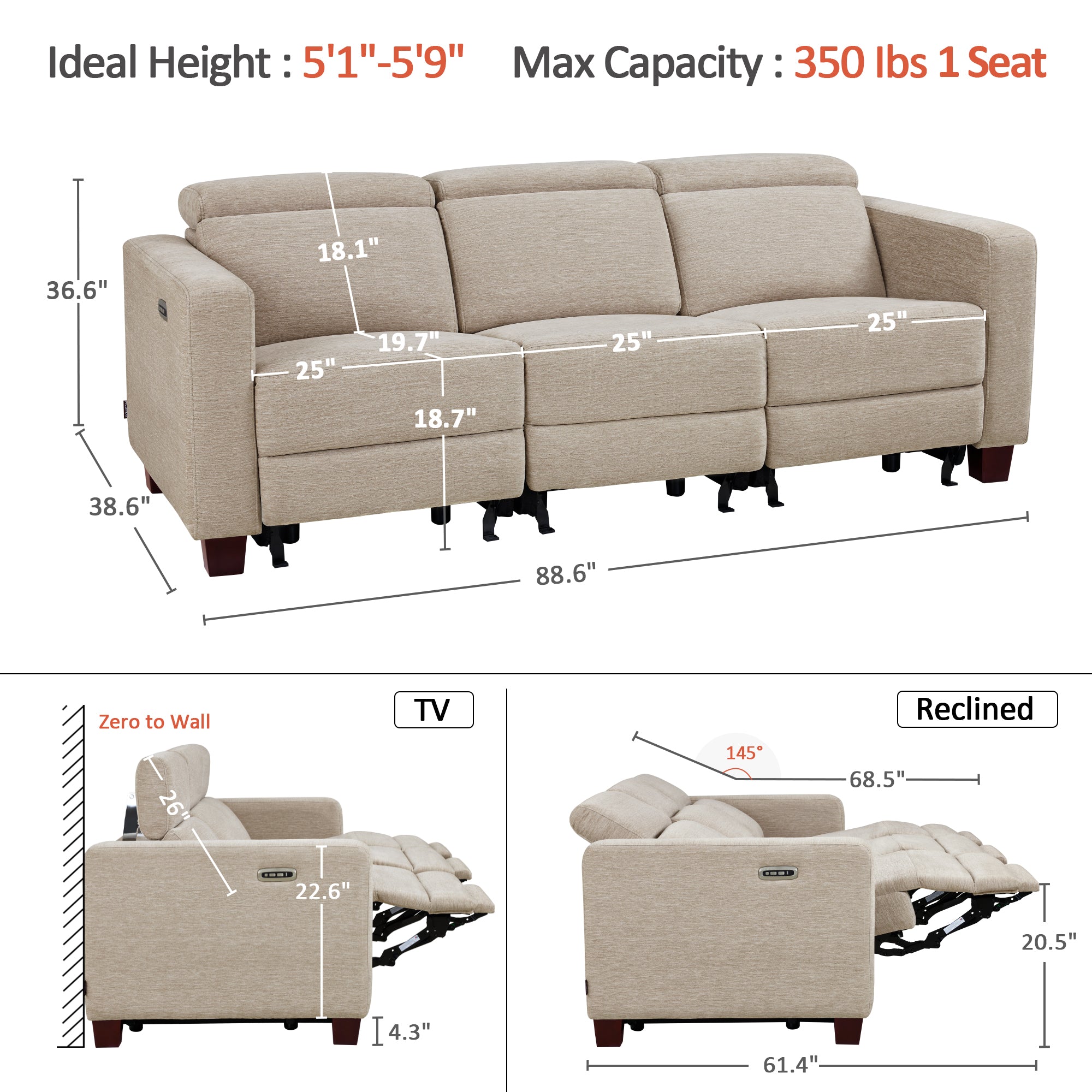 Zero Wall Power Reclining Sofa, Fabric HL198M3