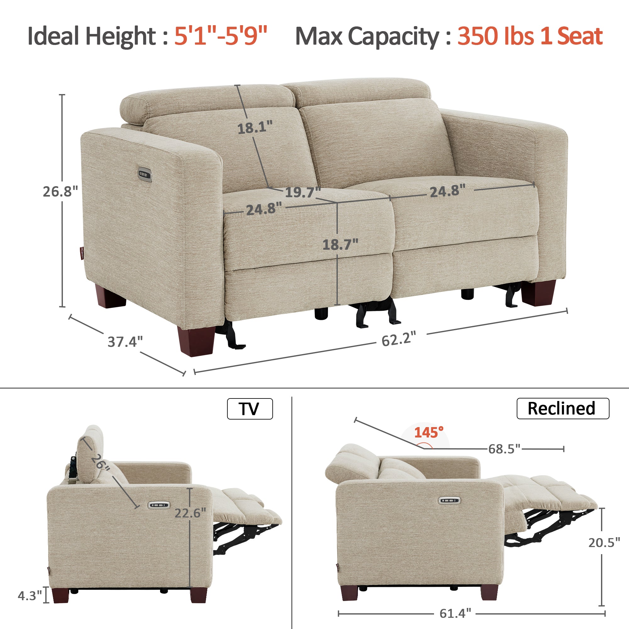 High Leg Reclining Loveseat with Adjustable Headrest, Fabric HL198