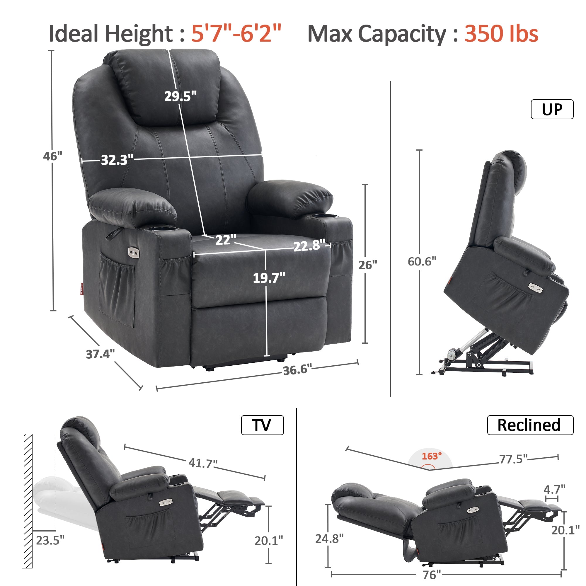Power Lift Recliner Chair for Elderly, Dual Motor, Massage and Heat, Faux Leather 7815