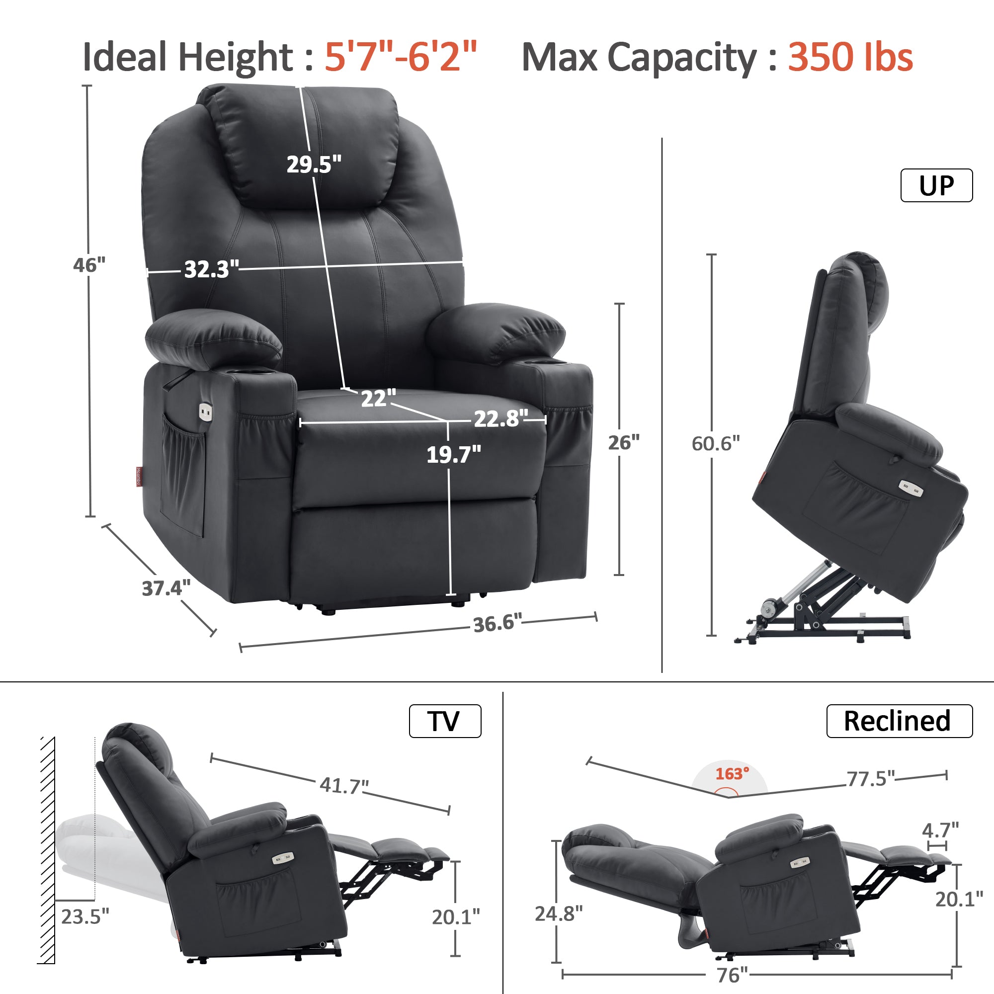 Power Lift Recliner Chair for Elderly, Dual Motor, Massage and Heat, Faux Leather 7815