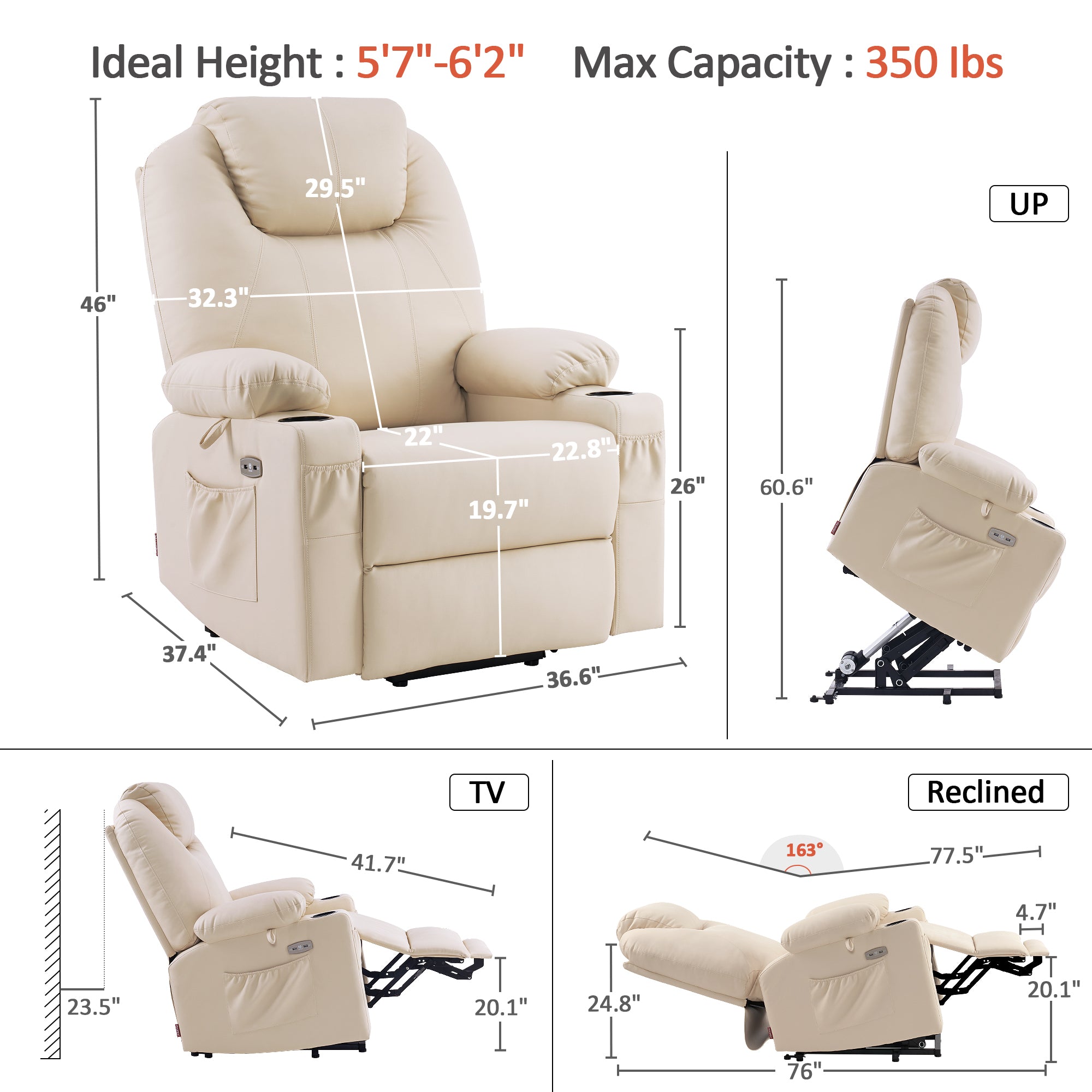 Power Lift Recliner Chair for Elderly, Dual Motor, Massage and Heat, Faux Leather 7815