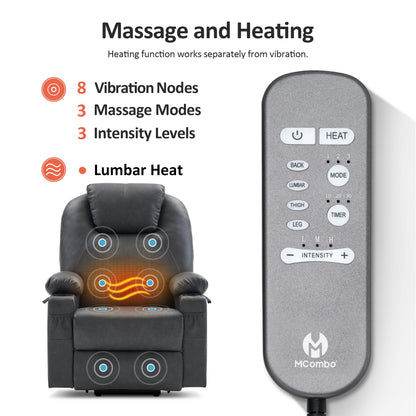 Power Lift Recliner Chair for Elderly, Dual Motor, Massage and Heat, Faux Leather 7815