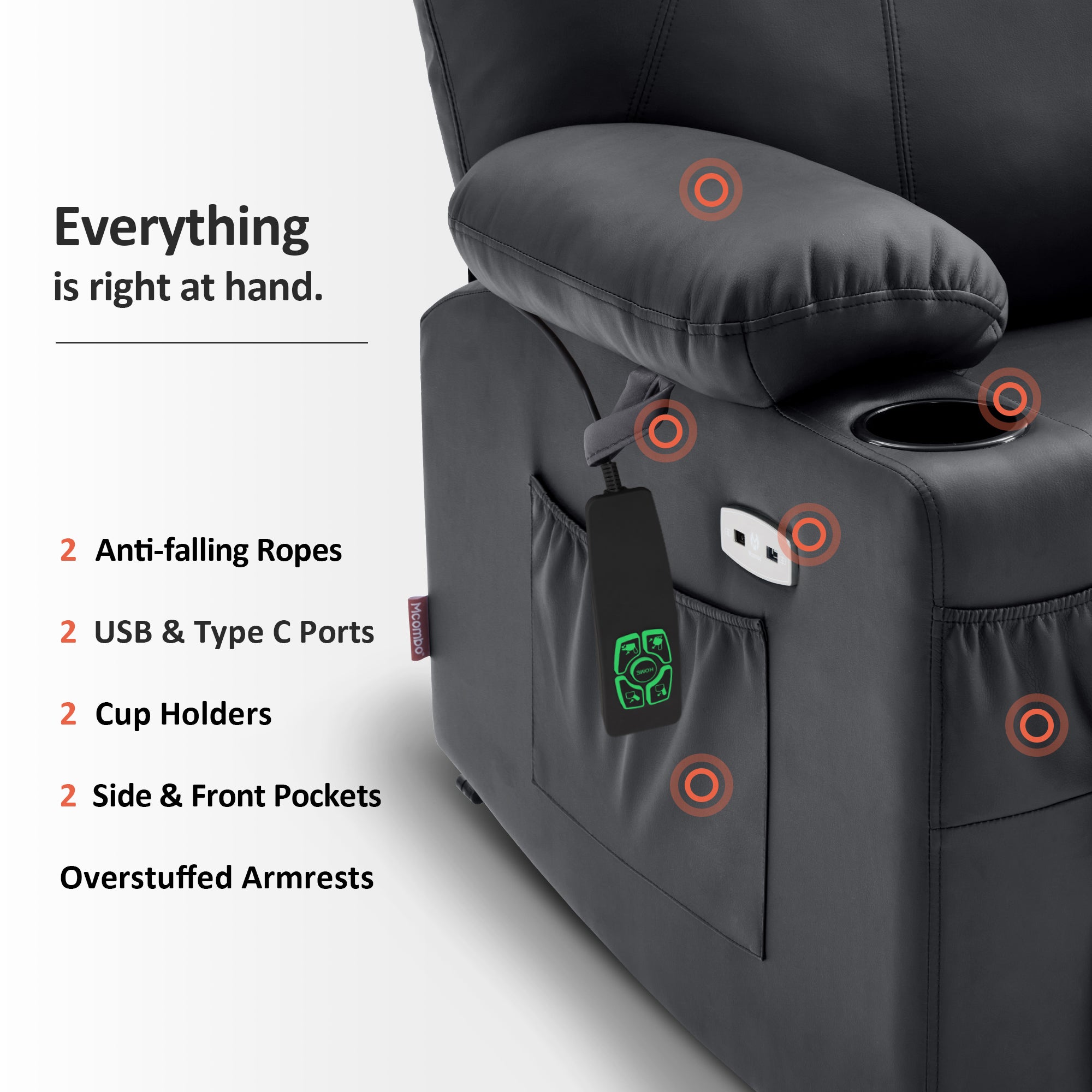 Power Lift Recliner Chair for Elderly, Dual Motor, Massage and Heat, Faux Leather 7815