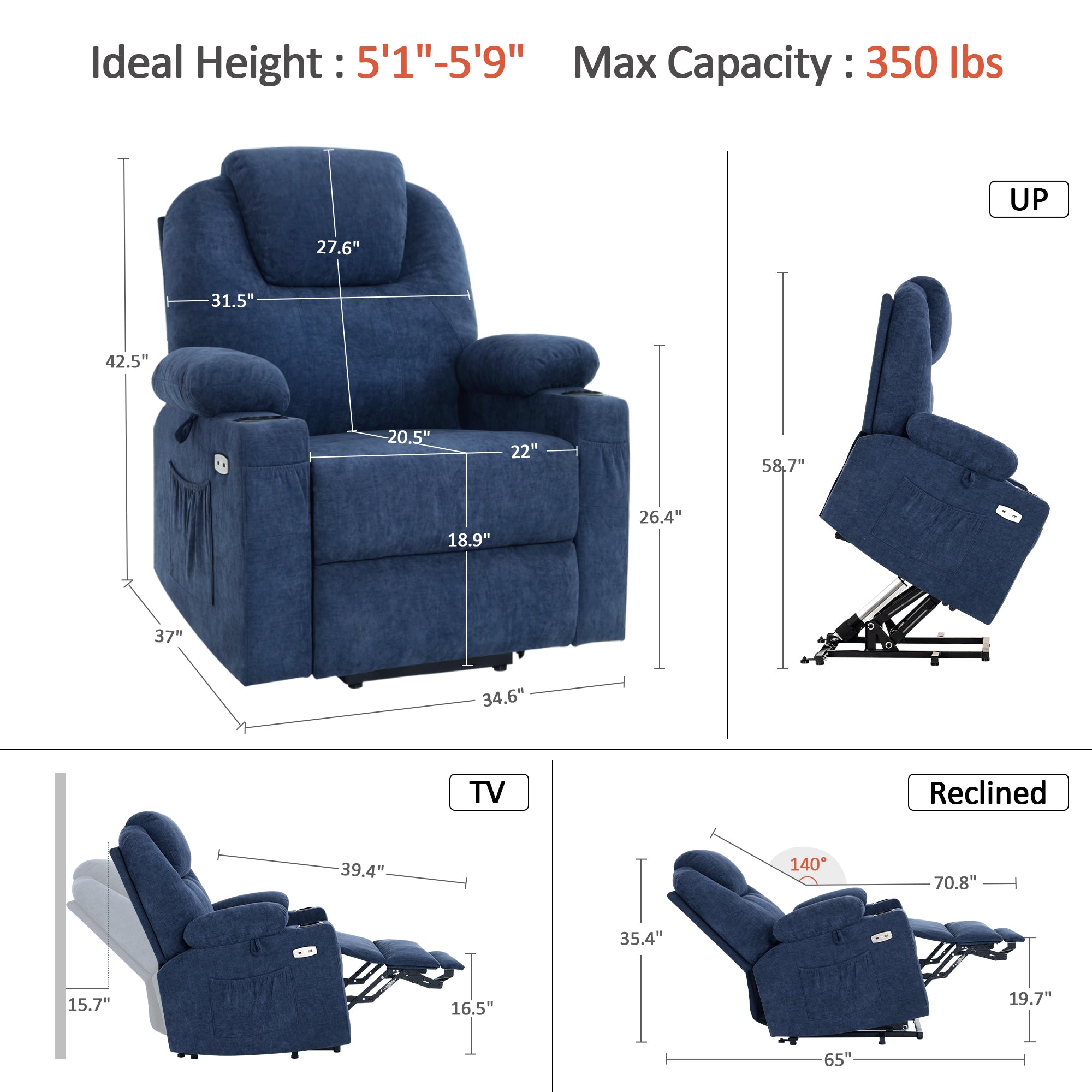 Power Lift Recliner Chair for Elderly, Massage and Heat, Fabric 7040|7516|7141