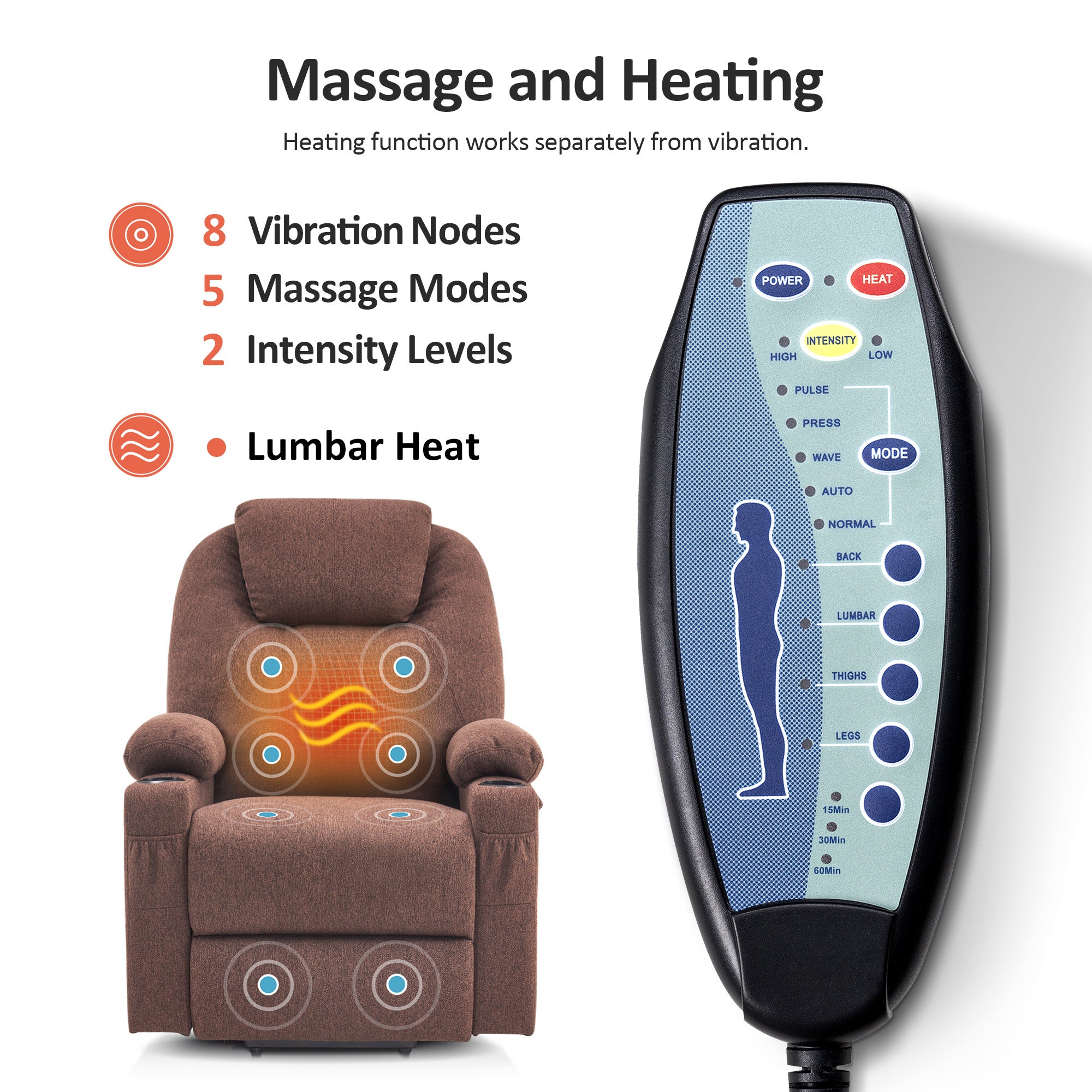 Power Lift Recliner Chair for Elderly, Massage and Heat, Fabric 7040|7516|7141