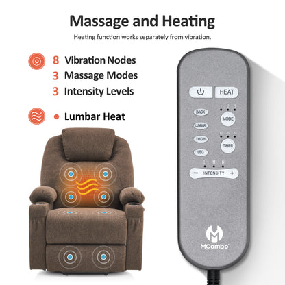 Power Lift Recliner Chair for Elderly, Massage and Heat, Fabric 7040|7516|7141|R7042|R7045|R7510