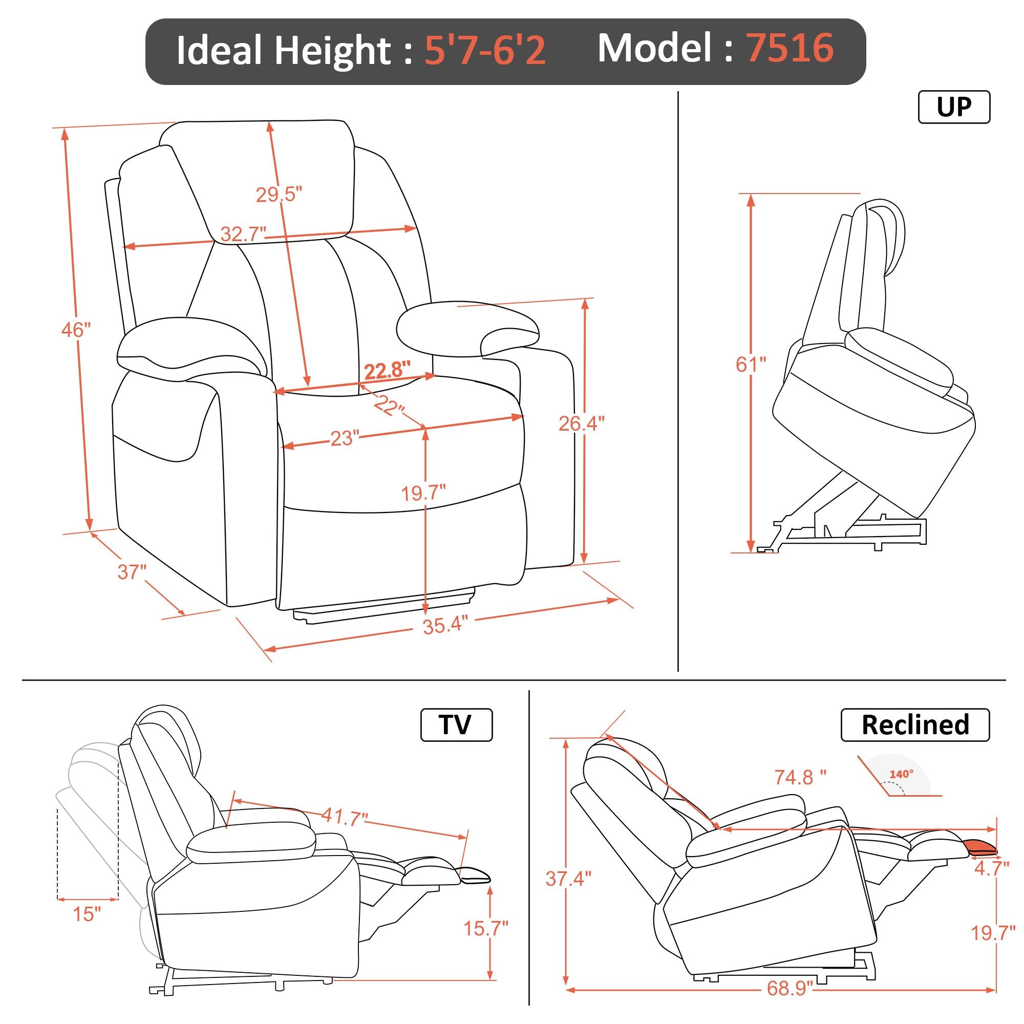 Power Lift Recliner Chair for Elderly, Massage and Heat, Fabric 7040|7516|7141|R7042|R7045|R7510