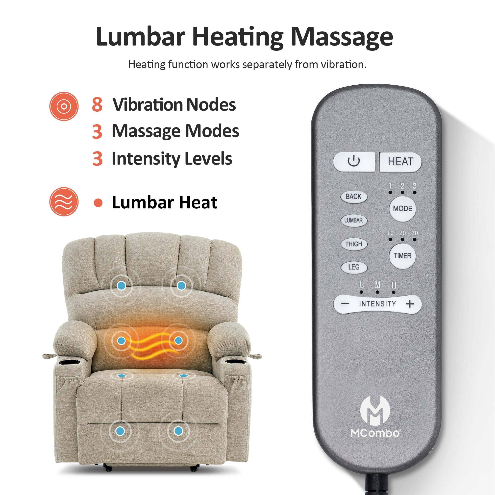 Power Lift Recliner Chair for Elderly, Massage and Heat, Fabric 7095|R7092|R7096|R7093