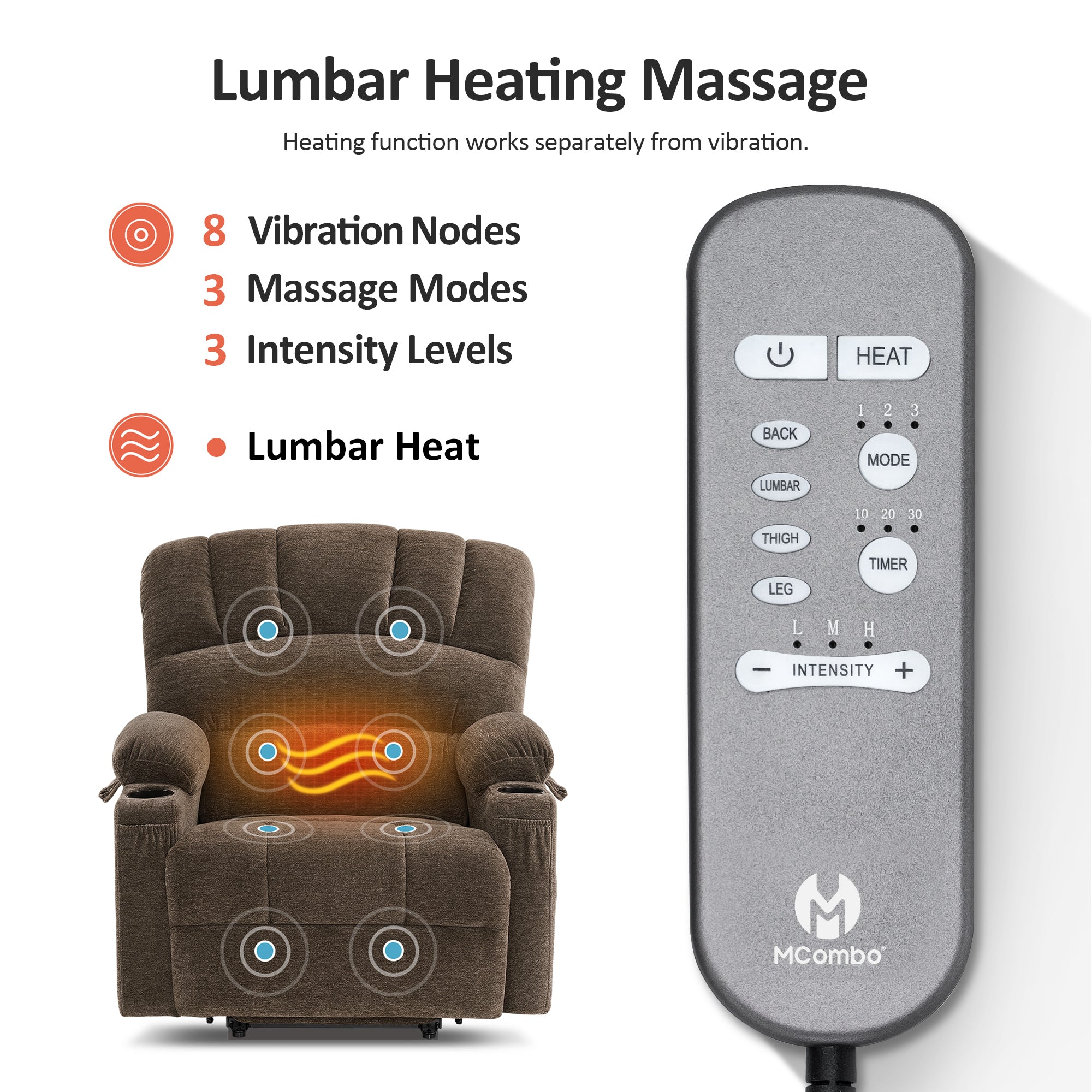 Power Lift Recliner Chair for Elderly, Massage and Heat, Fabric 7095|R7092|R7096|R7093