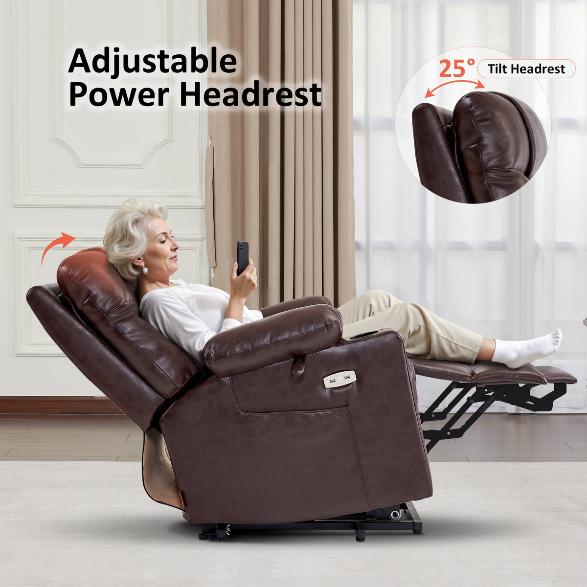 Power Lift Recliner Chair for Elderly, Massage and Heat, Faux Leather 7111