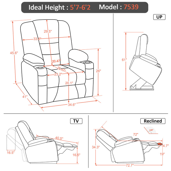 MCombo Power Lift Recliner Chair with Massage and Heat for Elderly, Extended Footrest, 3 Positions, Cup Holders, USB Ports, Faux Leather Large(#7539)