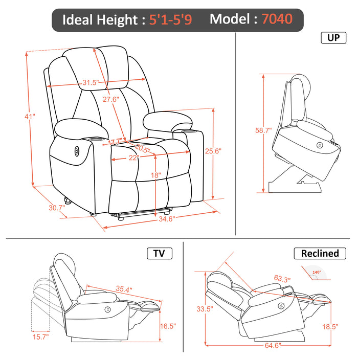 MCombo Electric Power Lift Recliner Chair Sofa with Massage and Heat for Elderly, 3 Positions, 2 Side Pockets and Cup Holders, USB Ports, Fabric 7040