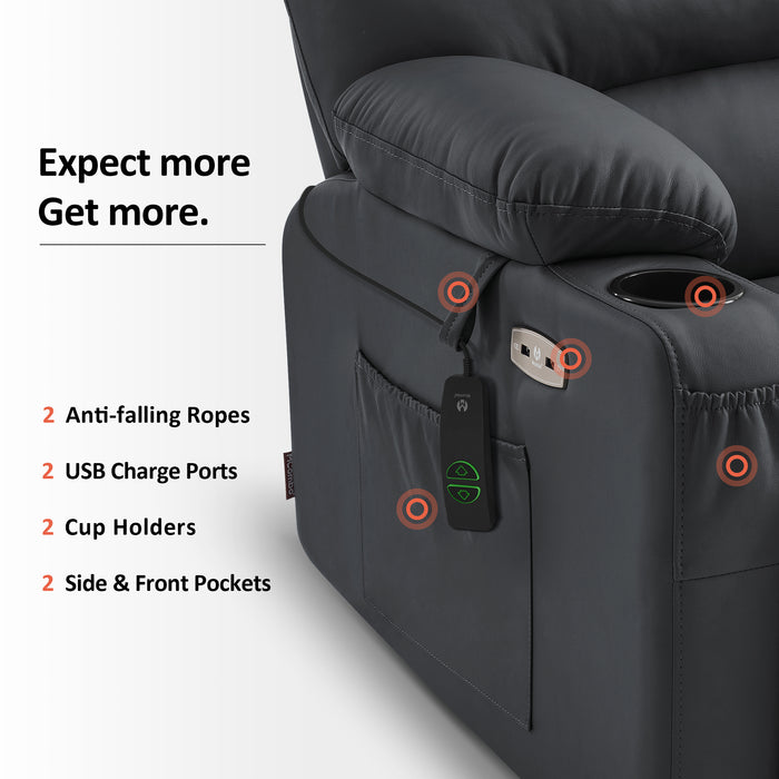 MCombo Electric Power Lift Recliner Chair Sofa with Massage and Heat for Elderly, Extended Footrest, Hand Remote Control, 2 Side Pockets, Cup Holders, USB Ports, Faux Leather 7095