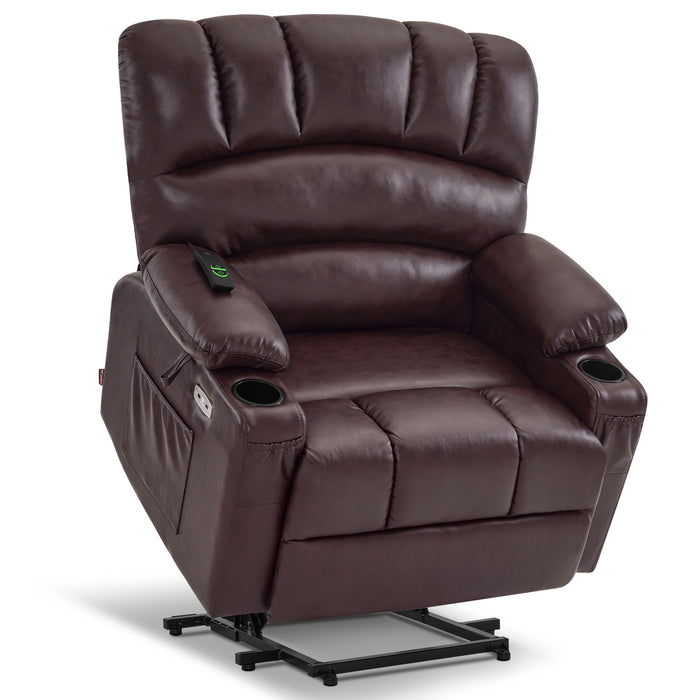 MCombo Electric Power Lift Recliner Chair Sofa with Massage and Heat for Elderly, Extended Footrest, Hand Remote Control, 2 Side Pockets, Cup Holders, USB Ports, Faux Leather 7095, R7096