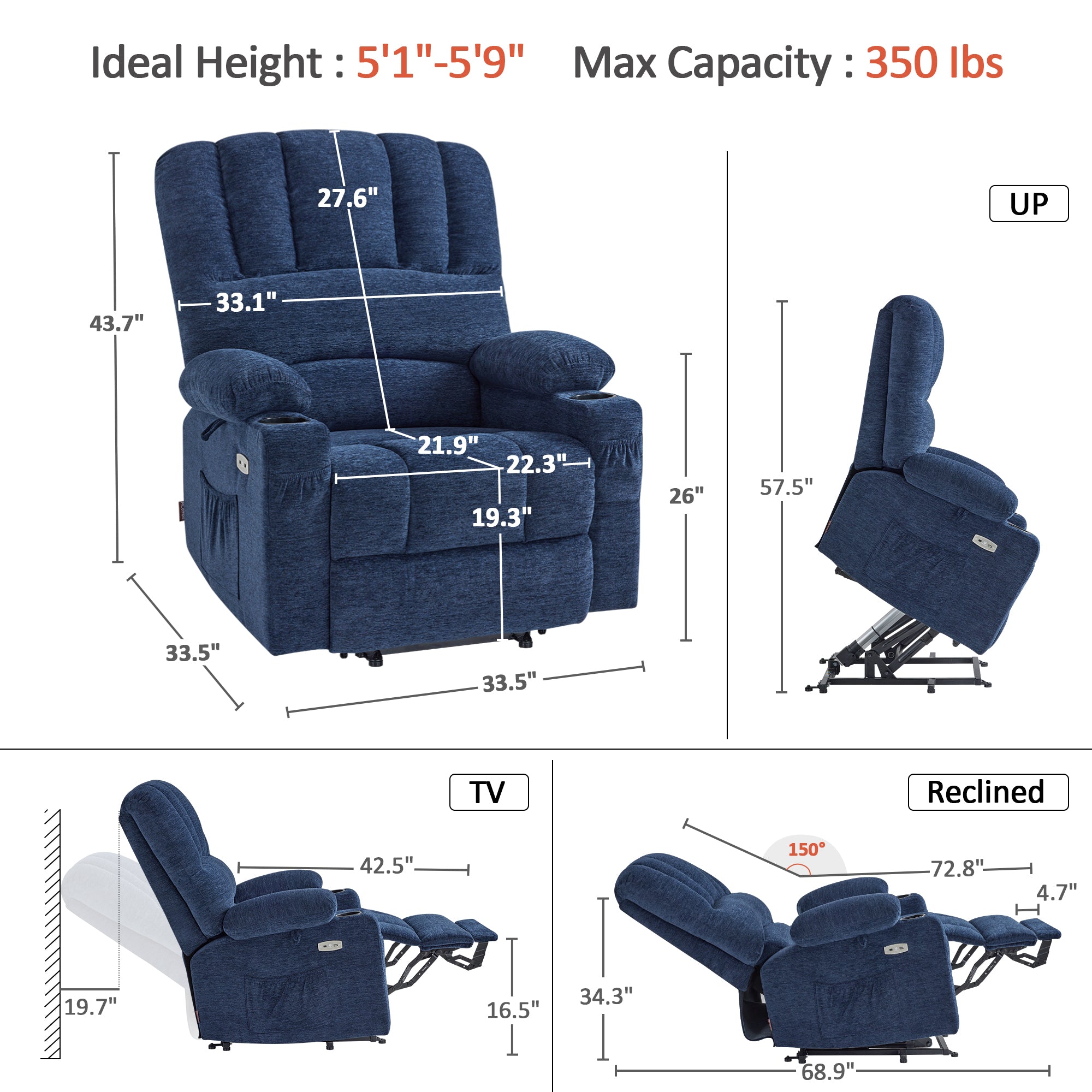 Power Lift Recliner Chair, Massage and Heat, Fabric 7095|7099|R7092|R7096