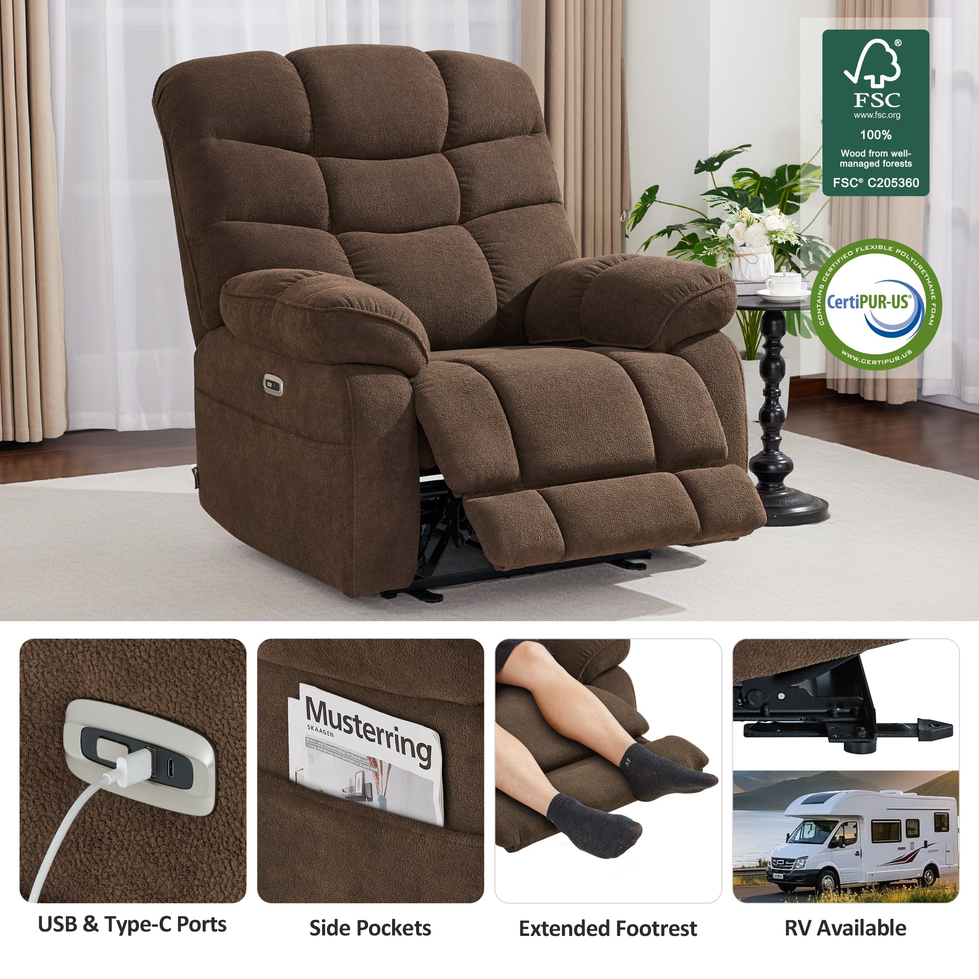 Oversized Power Recliner Chair for Big People, Zero Gravity Power Recliner Chair, USB & Type C Charge Ports, for Living Room, Office, Fabric PR677