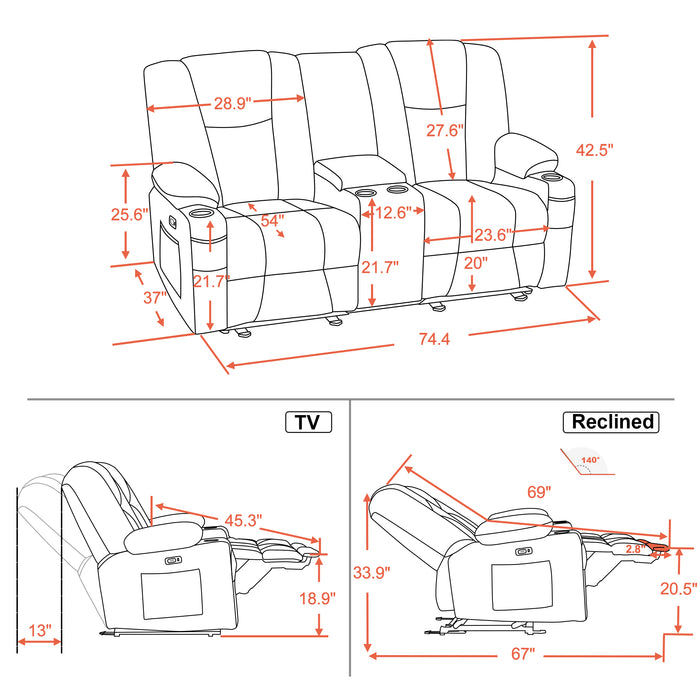 Mcombo Fabric Power Loveseat Recliner, Electric Reclining Sofa with Heat and Massage, Cup Holders, USB Charge Port for Living Room 6015/6035/6025/6045