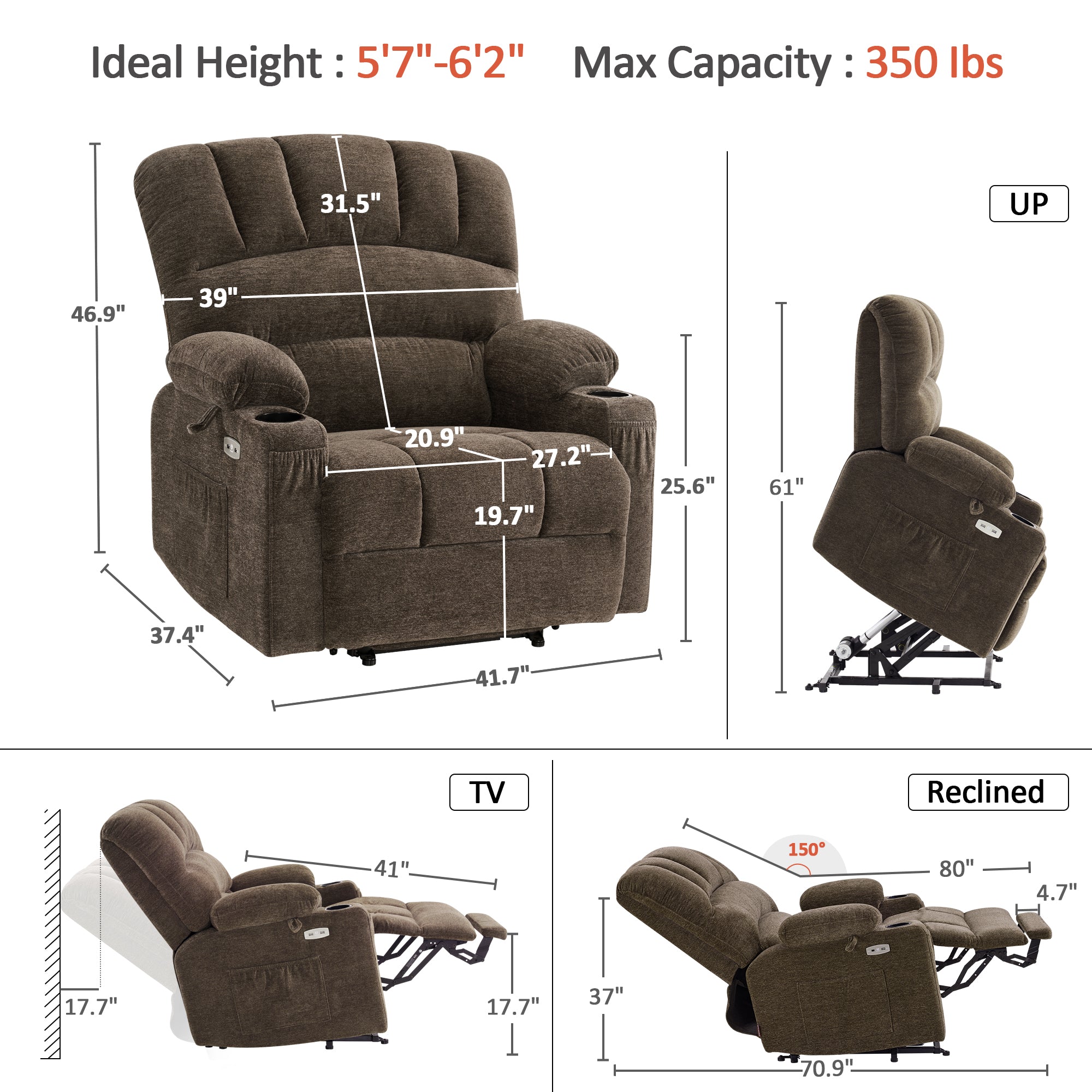 Power Lift Recliner Chair for Elderly, Massage and Heat, Fabric 7095|R7092|R7096|R7093