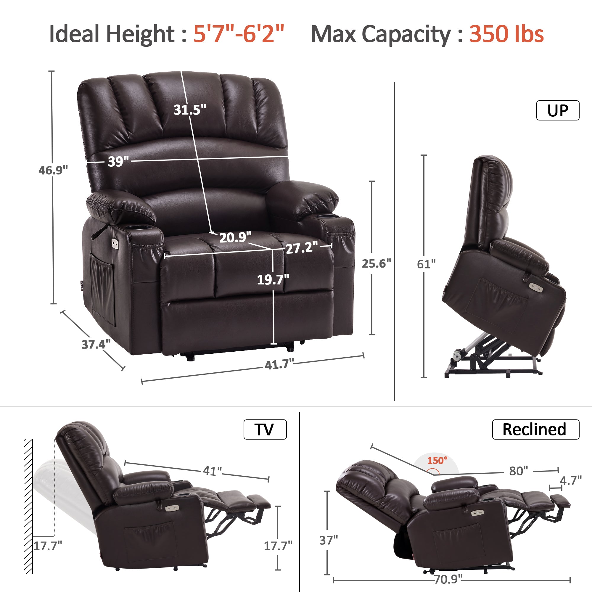 Power Lift Recliner Chair, Massage and Heat, Faux Leather 7095|7099|R7092|R7096