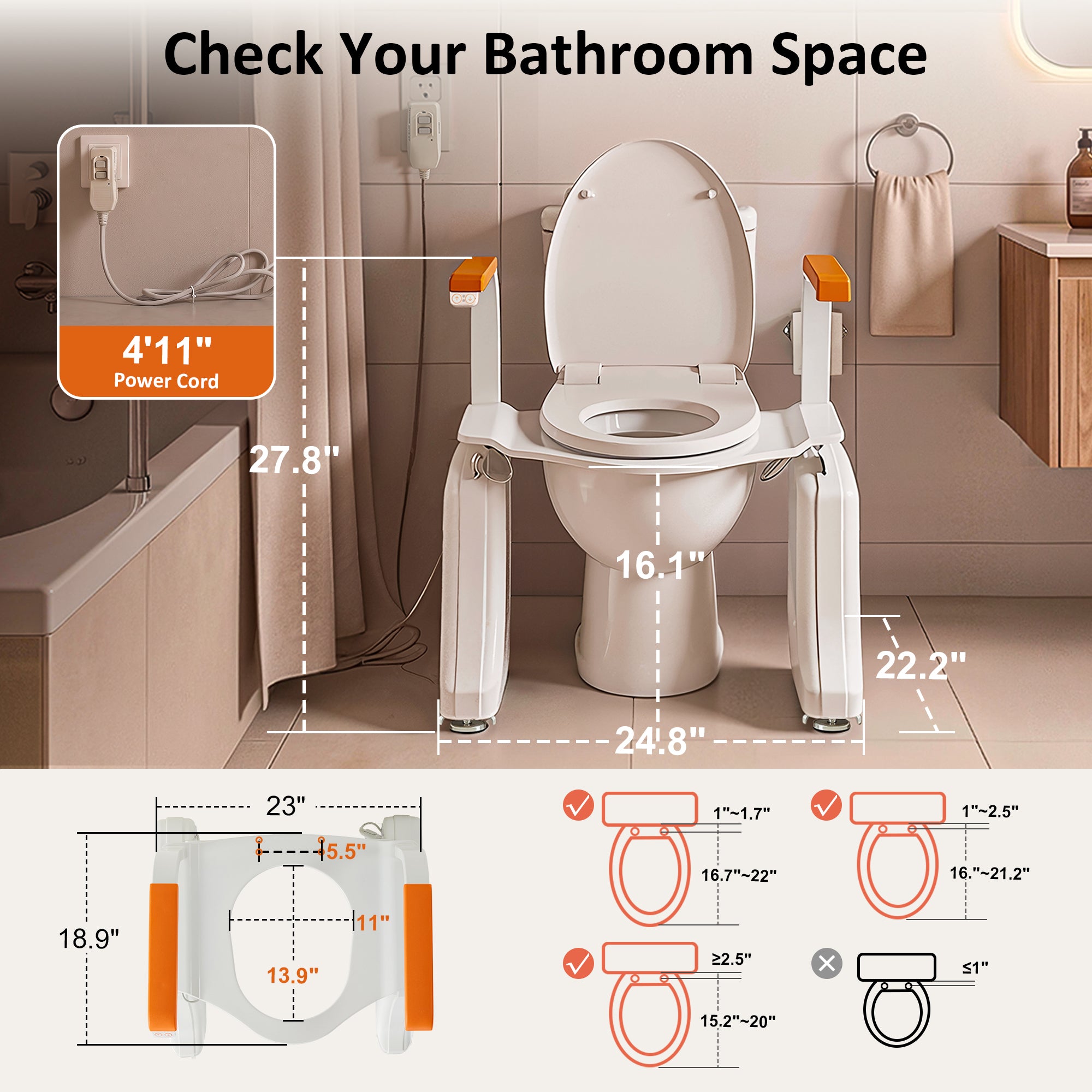 Dual Motor Power Toilet Seat Lift for Elderly, 350lbs, TL377CW