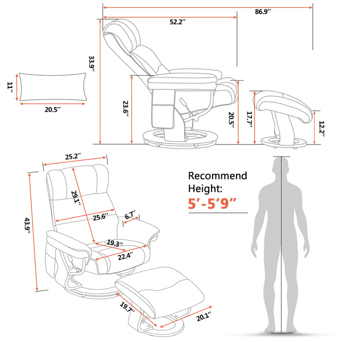 MCombo Swivel Recliners with Ottoman, Reclining TV Chairs with Vibration Massage, Faux Leather Ergonomic Lounge Chair for Living Room Bedroom 4832