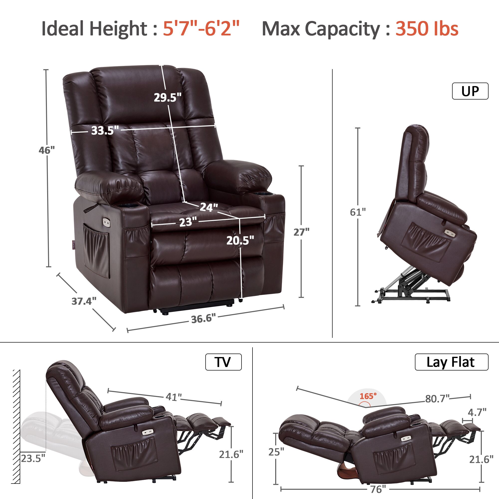 Dual Motor Power Lift Recliner Chair, Massage and Heat, Lay Flat for Sleeping, Faux Leather 7890|7893|7896|R7891|R7897|R7894