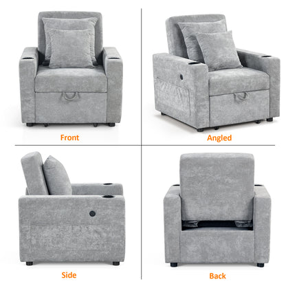 MCombo Convertible Sleeper Chair Bed, 3-in-1 Folding Sofa Chair with Adjustable Backrest, Pull-Out Bed with USB Port, Cup Holders, Linen Fabric, for Small Spaces Living Room Guest Room Office VN6001
