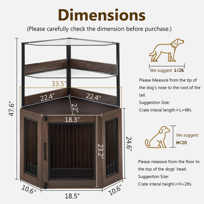 MCombo Corner Dog Crate Furniture with Glass Shelves, Wooden Dog Kennel Furniture with Door, Pet Crate Indoor Use, CN28