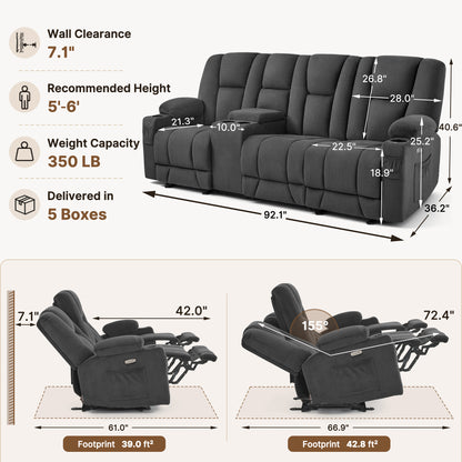 92 in 3 Seater Reclining Sofa with Storage Console 6034M4